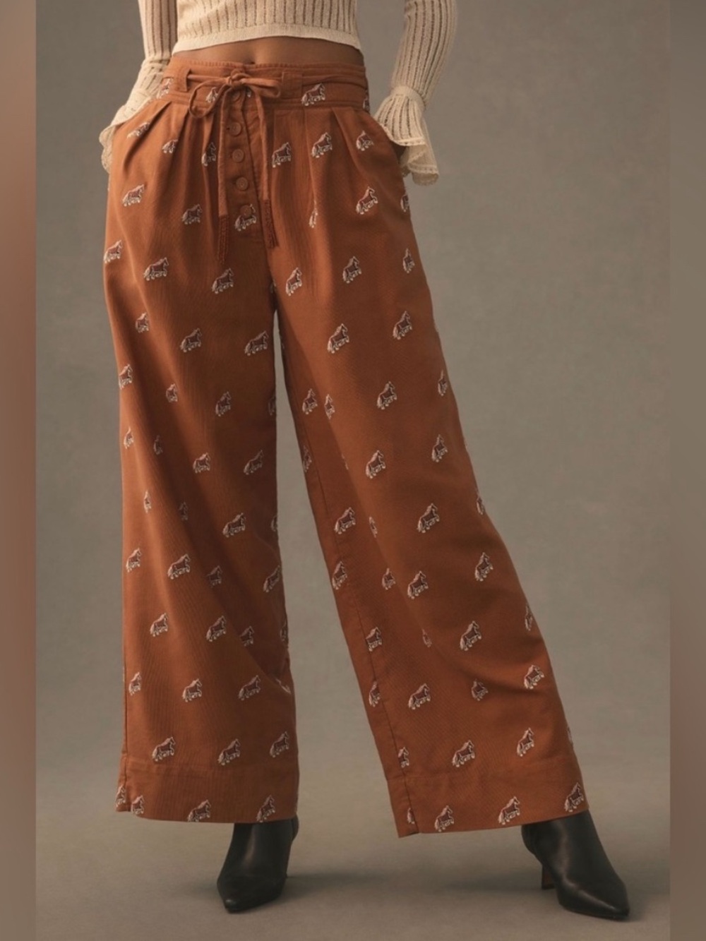Farm Rio Wide-Leg Printed Horse Pants in Brown  (belt not included)